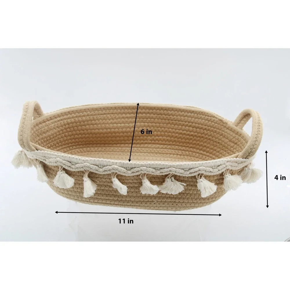 Set of 2 Boho Cotton Rope Storage Baskets with Tassels Oval Woven Organizers